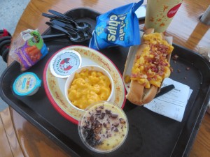 Kids' Meal Mac and Cheese, Applesauce, Carrots, Mac and Cheese Hot Dog with Truffle Oil, Chips, Banana Parfait - Fairfax Fare